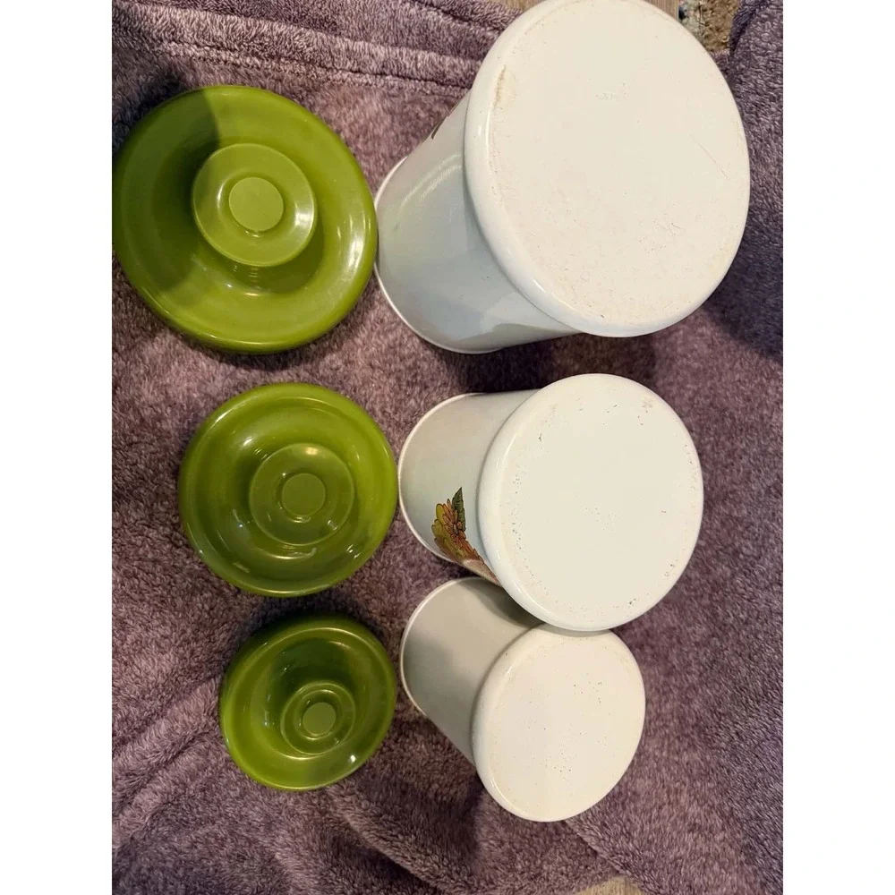 Vintage MCM 70's 3pc Canister Set Fruit Atapco Made In USA Nesting Read Descript